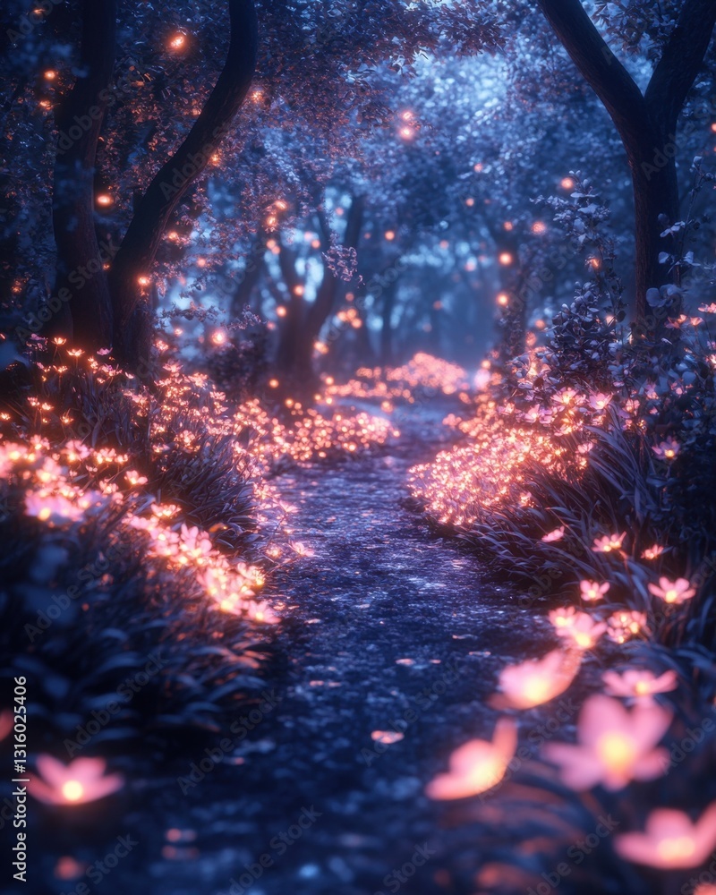 Poster Enchanted forest path illuminated by glowing flowers and ethereal lights creating a magical and dreamy atmosphere with dark trees