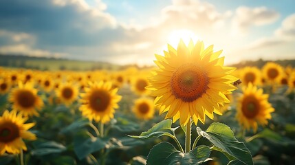 A field of golden sunflowers with bees flying around during a sunny day