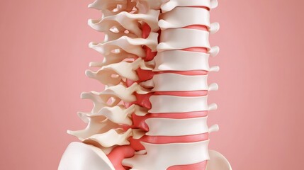 osteology diagrams concept 3D model of a human spine against a pink background, highlighting vertebrae and discs.