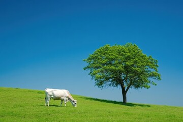Fototapeta premium A serene cow feeding in a calm pasture under a bright azure sky