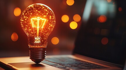 Glowing Light Bulb on Laptop Symbolizing Creativity and Innovation