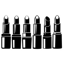 A black and white silhouette illustration of seven lipsticks in different styles and levels of use, arranged in a row. The design emphasizes beauty, fashion, and cosmetics.