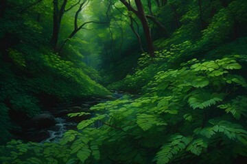 Realistic Ravine is filled with thriving green trees, their vibrant leaves, deep shade, and a feeling of sanctuary and abundance in woodland