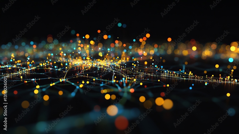 Poster vibrant digital network depiction with dynamic points of light and flowing connections