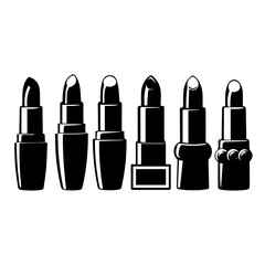 A black and white silhouette illustration of seven lipsticks in different styles and levels of use, arranged in a row. The design emphasizes beauty, fashion, and cosmetics.