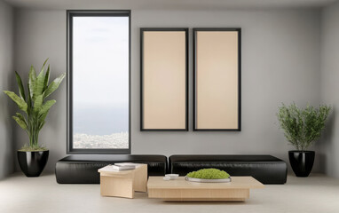 Modern living room interior design with minimalist furniture and large window view