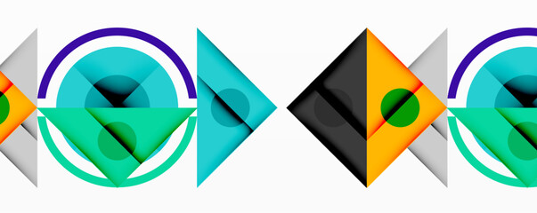 Geometric abstract design with layered triangles, circles, and gradients, forming a structured pattern with sharp contrasts and depth