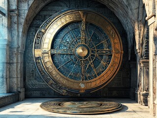 Obraz premium Ornate, circular door in ancient stone archway. Intricate gold detailing on dark blue metal. Mysterious and majestic entrance.
