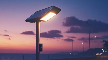 A modern solar street light shines brightly along an ocean pathway at dusk, creating a serene and eco-friendly atmosphere. The vibrant sunset and calm waters enhance the scene.