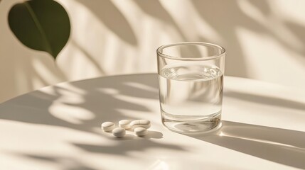 A few pills and a glass of water on a plain, white minimalist table with a soft-focus background