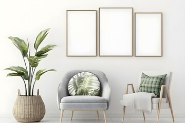 Poster Mockup with Three Frames on Empty White Wall for Advertising