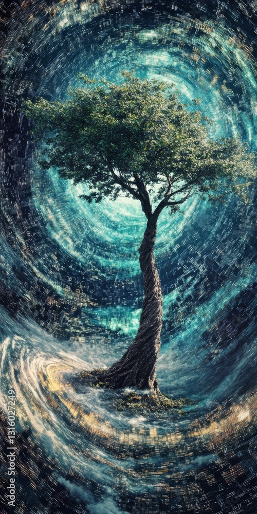 Poster an abstract representation of a solitary tree encircled by swirling colors and light effects, creati