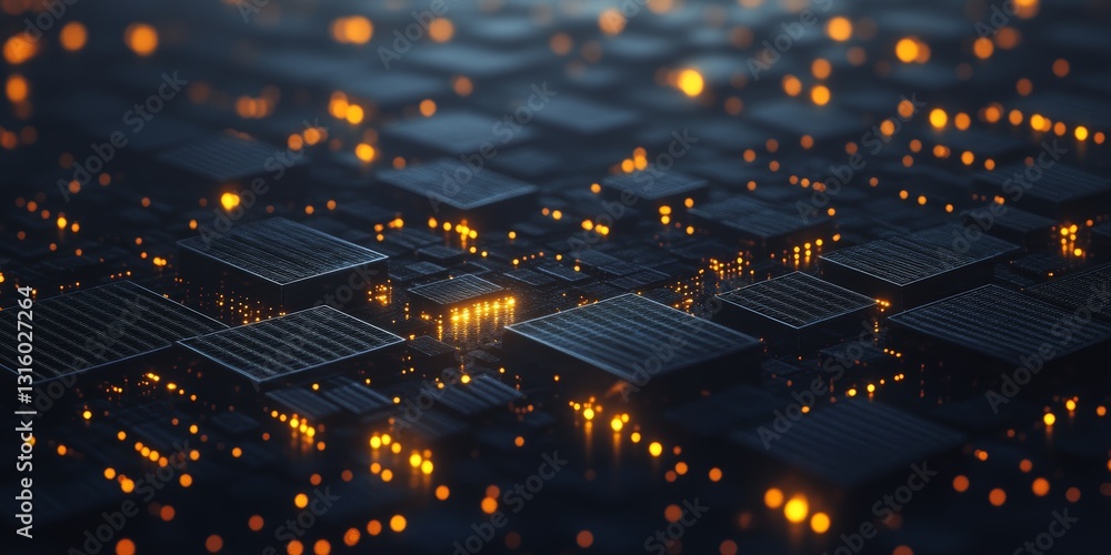 Poster close-up view of a futuristic circuit board illuminated by vibrant glowing lights, showcasing a comp