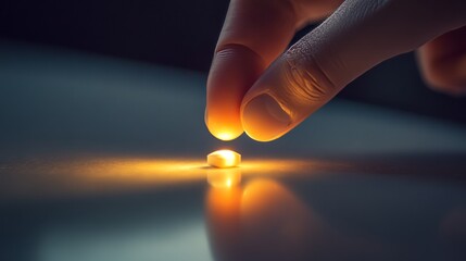A hand gently placing a pill on a smooth, minimalistic table, illuminated with soft light , hope
