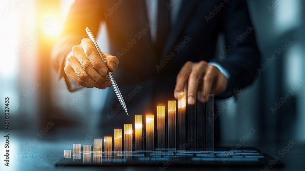 Poster businessman analyzing data and growth on virtual screen display