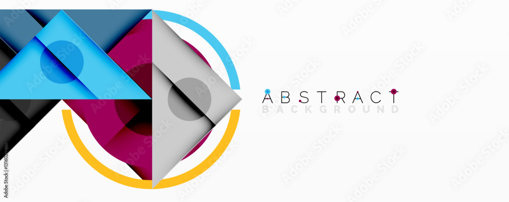Poster abstract geometric composition with intersecting triangles, circles, and gradients, creating a dynam