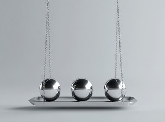 3D render of a silver Newton's cradle on a grey background, stock photo, simple composition, with a feminine, sunny light background.