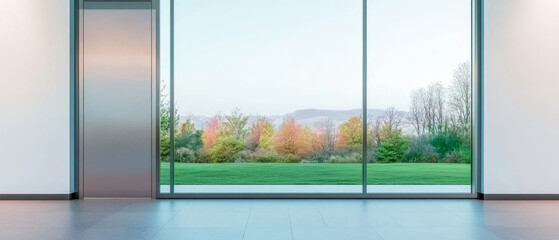 View from an open space with large windows overlooking a green landscape during daytime