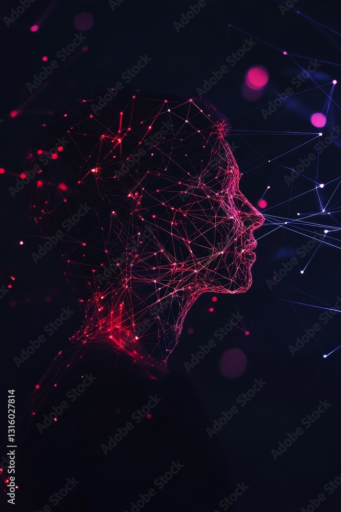 Poster a captivating abstract digital portrait featuring a human silhouette created with vibrant geometric 