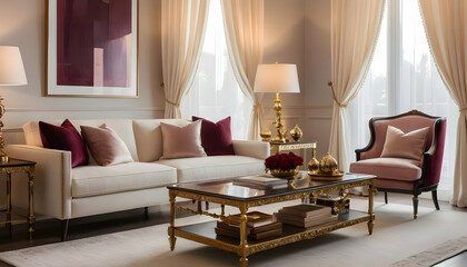 Fototapeta premium Elegant Living Room Interior with Soft Colors and Luxurious Accents
