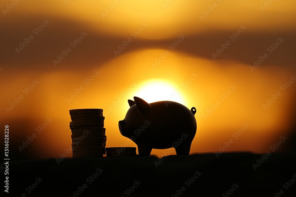 Poster a pig is standing in front of a pile of coins. the sun is setting in the background, creating a warm