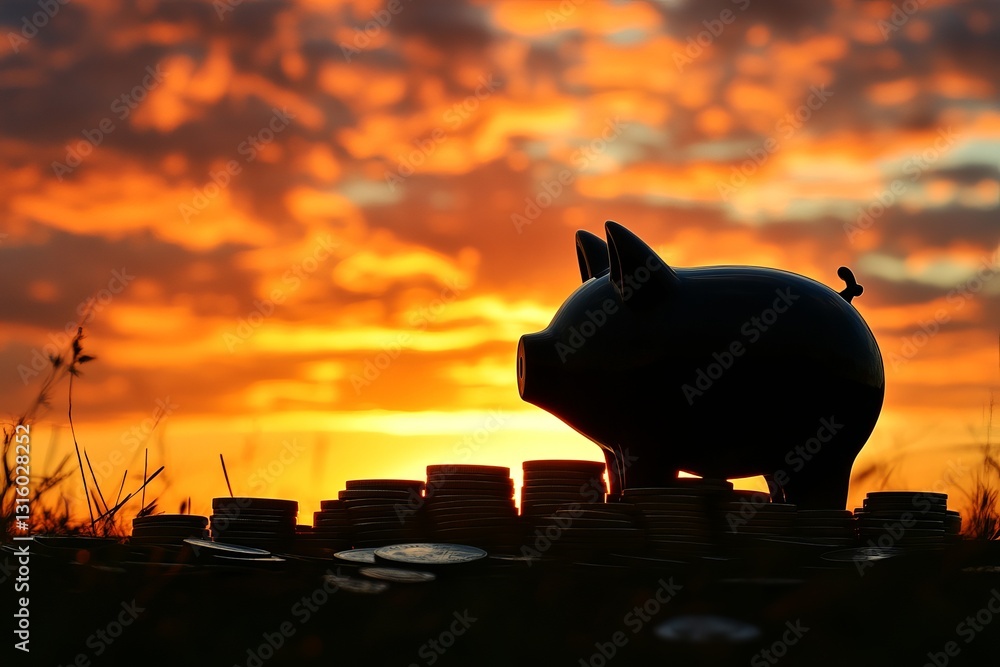 Poster a pig is standing in front of a pile of coins. the scene is set against a backdrop of a beautiful su