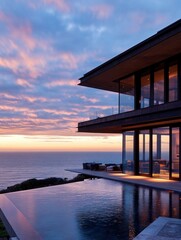 Serene ocean view from modern villa with infinity pool at sunset reflecting colorful sky and tranquil water creating a peaceful and luxurious coastal living experience