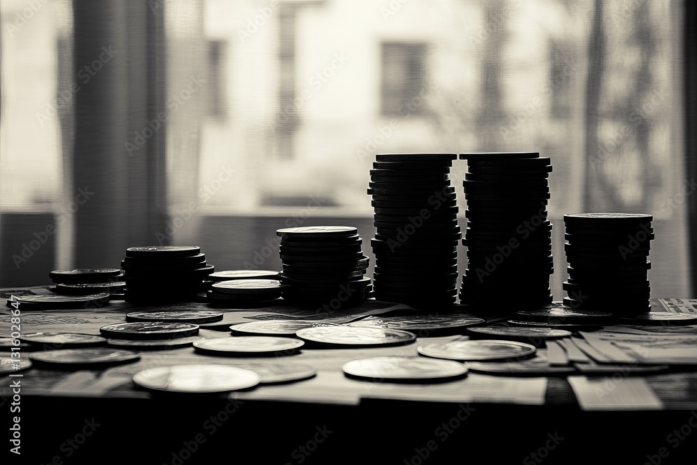 Poster a stack of coins on a table. the coins are black and shiny. the coins are piled up in a pyramid shap