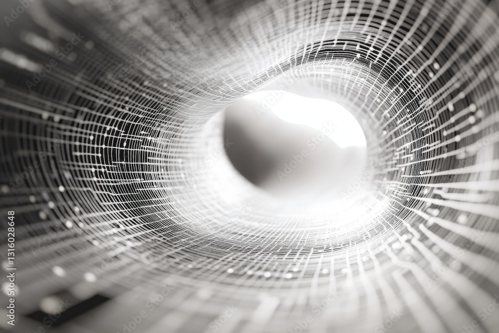 Poster a black and white image of a tunnel with a white light shining through it. the tunnel is filled with
