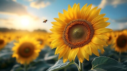 Fototapeta premium Close-up of sunflower petals with bees flying around in a sunny field