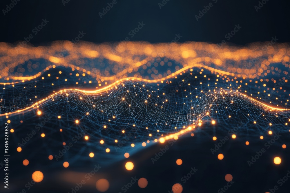 Poster a computer generated image of a wave with a lot of glowing dots. the image has a futuristic and abst
