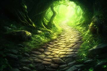 A serene, sunlit pathway meanders through a lush, green forest, surrounded by vibrant foliage and dappled light.