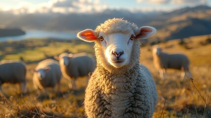 Obraz premium Agriculture farm concept picture of a flock of relaxing sheep grazing in livestock pasture field. 