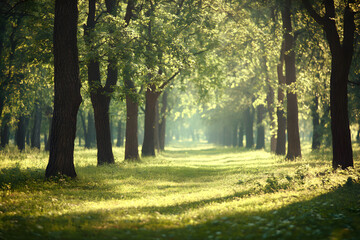 Fototapeta premium Sunlit Pine Forest with Tall Trees and Green Foliage – Serene Nature Landscape in Golden Light, AI GENERATIVE 