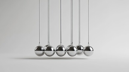 3D render of Newton's cradle on a white background, with metallic silver balls and shiny steel spheres hanging from strings in the center. Front view, close-up, minimalistic design, no shadows. 
