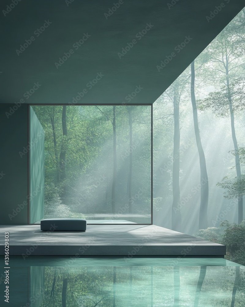 Poster serene minimalist interior with forest view through expansive window reflecting in tranquil pool