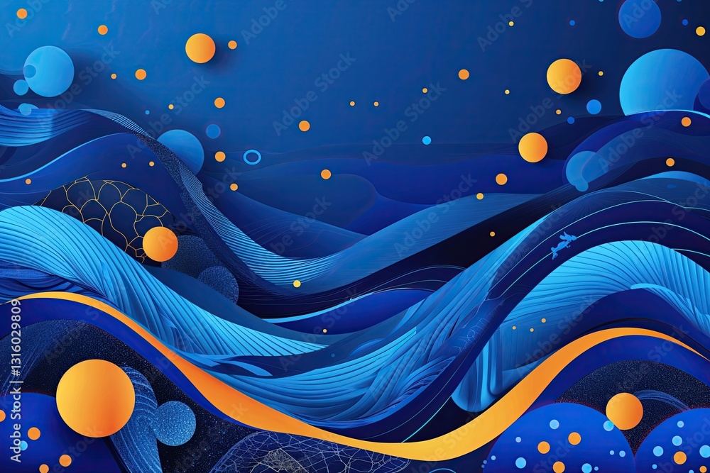Poster bright blue abstract background featuring geometric waves and circular patterns