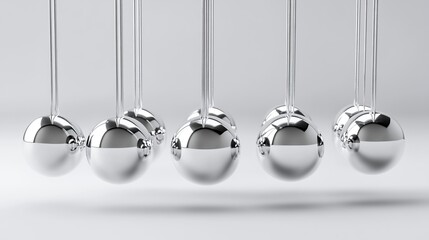 3D render of Newton's cradle on a white background, with metallic silver balls and shiny steel spheres hanging from strings in the center. Front view, close-up, minimalistic design, no shadows. 