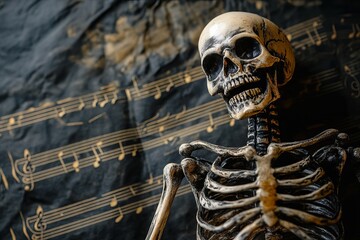 A realistic skeleton posed against a backdrop of musical notes, perfect for Halloween decor. This image captures a unique blend of art and spookiness for creative projects.