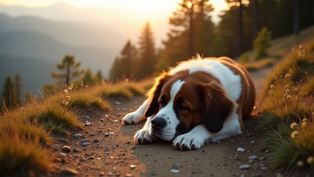 Relaxation and napping on national napping day scenic outdoor trail nature setting peaceful dog resting