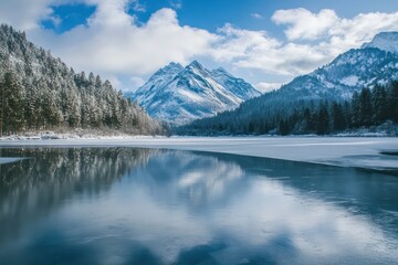 The awe-inspiring stillness of a frozen alpine world, where mountains reign supreme.