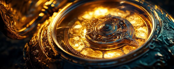 Close-up of an ornate, glowing antique pocket watch. Intricate details and warm light create a mystical, timeless feel.