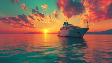Fototapeta premium A luxurious and expensive white yacht is pictured on the sea or ocean during sunset in this photograph, symbolizing a summer cruise ship and water tourism for the affluent