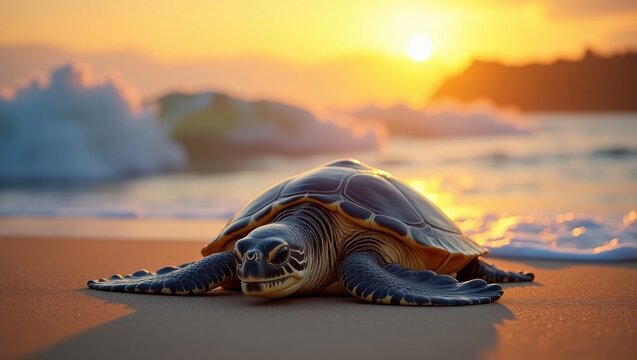 Relaxation of a turtle napping on the beach at sunset celebrating national napping day nature's peaceful break