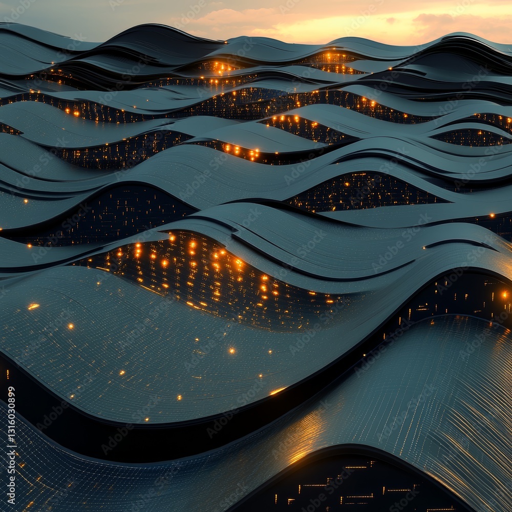 Poster stunning abstract image of waves with glowing lights at dusk, creating a serene and captivating atmo
