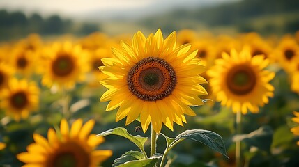 Fototapeta premium Sunflowers swaying in the breeze while bees fly between the bright blooms