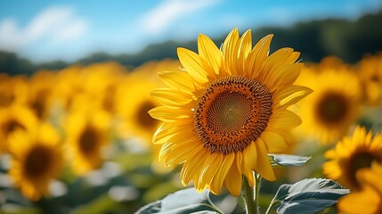 Fototapeta premium Bees hovering around golden sunflowers blooming in a sunlit meadow