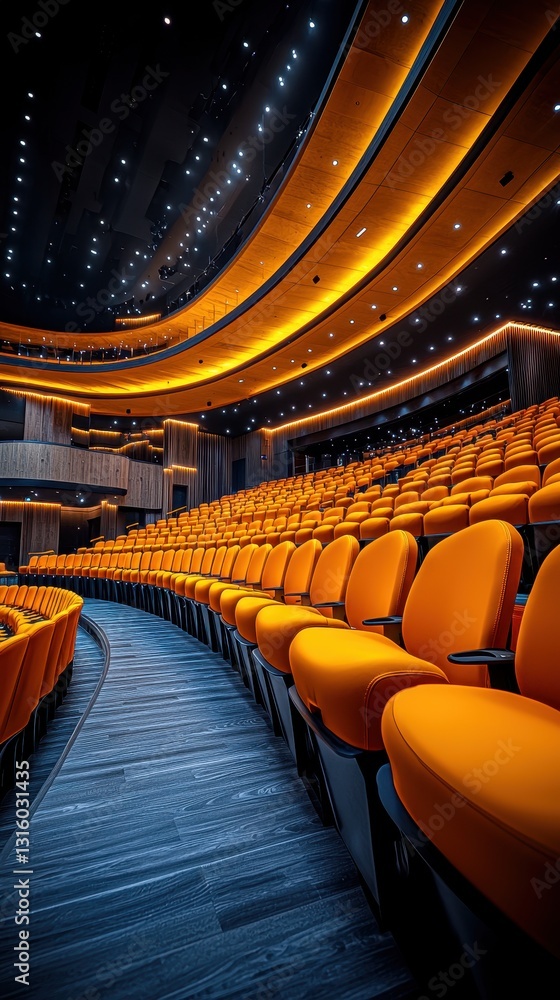 Poster a spacious auditorium features numerous vibrant orange chairs arranged in neat rows, contrasting bea