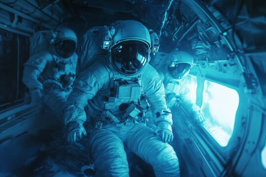 Three astronauts inside a spacecraft prepare for their deep space mission. The scene showcases a high-tech environment filled with advanced equipment.