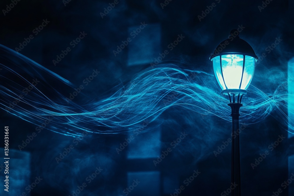Poster a captivating night scene featuring a glowing lantern surrounded by ethereal light trails, creating 